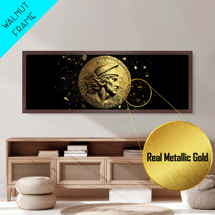 Ancient Greek Coin Relief Portrait, Historical Mythology Metallic Gold Metal Print, Classical Wall Art, Real Wood Frame