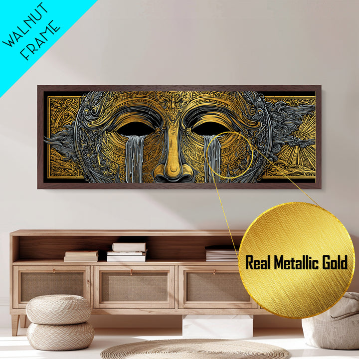 Mythical Golden Mask Illustration, Surreal Greek Inspired Metallic Gold Metal Print, Fantasy Wall Art, Real Wood Frame
