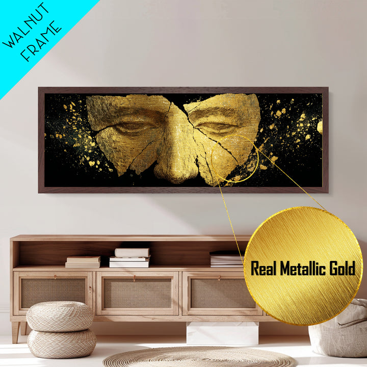 Cracked Ancient Golden Mask, Mythological Relic Metallic Gold Metal Print, Unique Fantasy Wall Art, Real Wood Frame