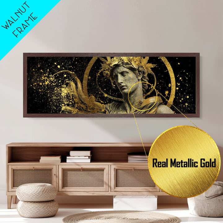 Apollo Bust With Golden Halo, Ancient Greek God Metallic Gold Metal Print, Mythology Sculpture Wall Art, Real Wood Frame
