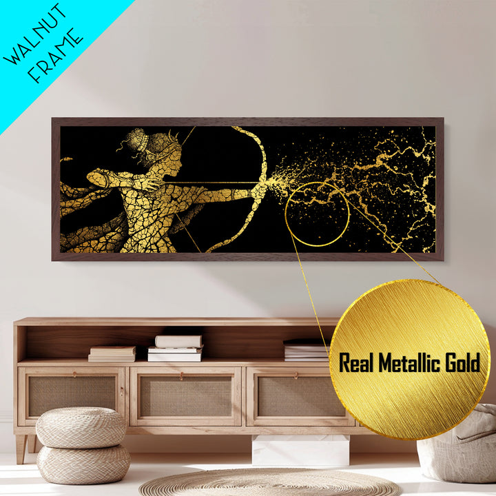Artemis Golden Archer Illustration, Ancient Greek Goddess Metallic Gold Metal Print, Mythology Wall Art, Real Wood Frame