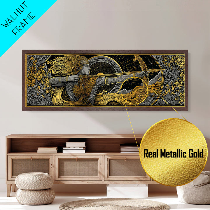 Greek Goddess Artemis With Bow, Mythological Archer Metallic Gold Metal Print, Fantasy Wall Art, Real Wood Frame