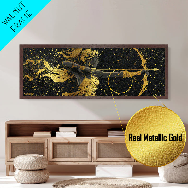 Celestial Artemis Archer Artwork, Mythology Inspired Metallic Gold Metal Print, Greek Goddess Wall Art, Real Wood Frame