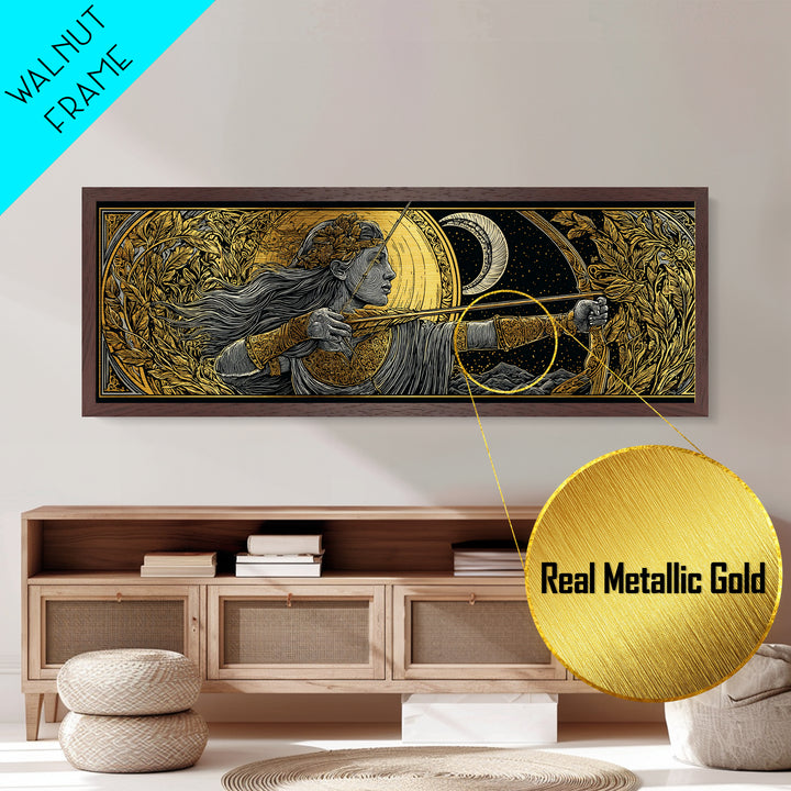 Artemis Moon Goddess Archer, Mythology Inspired Metallic Gold Metal Print, Greek Goddess Wall Art, Real Wood Frame