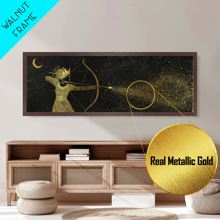 Celestial Artemis Shooting Stars, Ancient Greek Goddess Metallic Gold Metal Print, Mythology Wall Art, Real Wood Frame