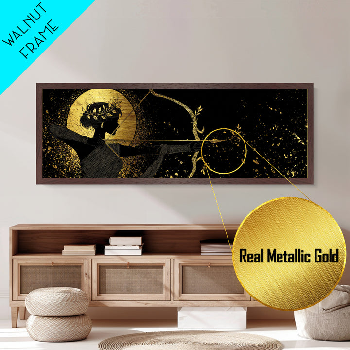Divine Artemis With Bow And Moon, Mythology Inspired Metallic Gold Metal Print, Goddess Wall Art, Real Wood Frame