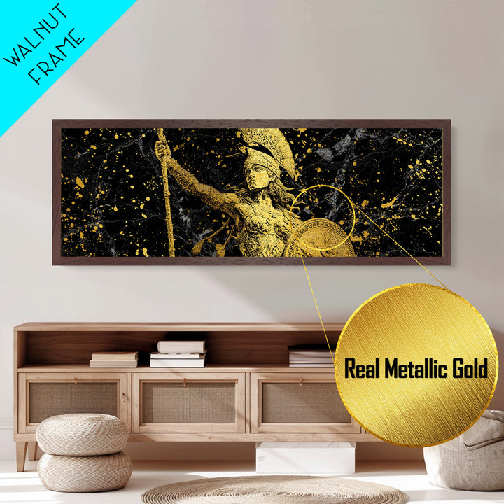 Athena Goddess Of Wisdom And War, Ancient Greek Metallic Gold Metal Print, Mythology Warrior Wall Art, Real Wood Frame