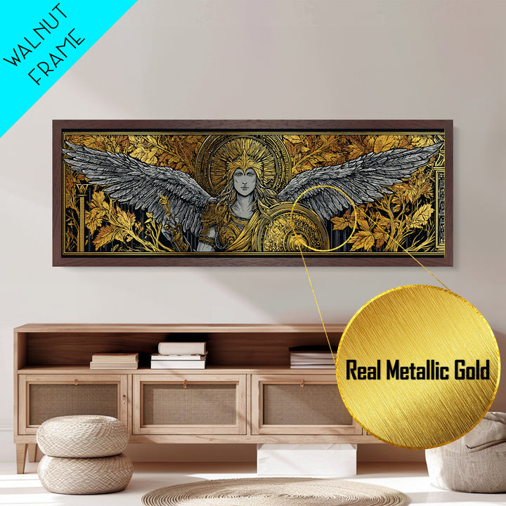 Athena With Wings And Shield, Ancient Greek Goddess Metallic Gold Metal Print, Mythology Warrior Wall Art, Real Wood Frame