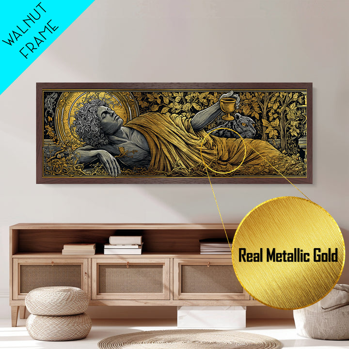 Dionysus God Of Wine And Festivity, Ancient Greek Metallic Gold Metal Print, Mythology Celebration Wall Art, Real Wood Frame