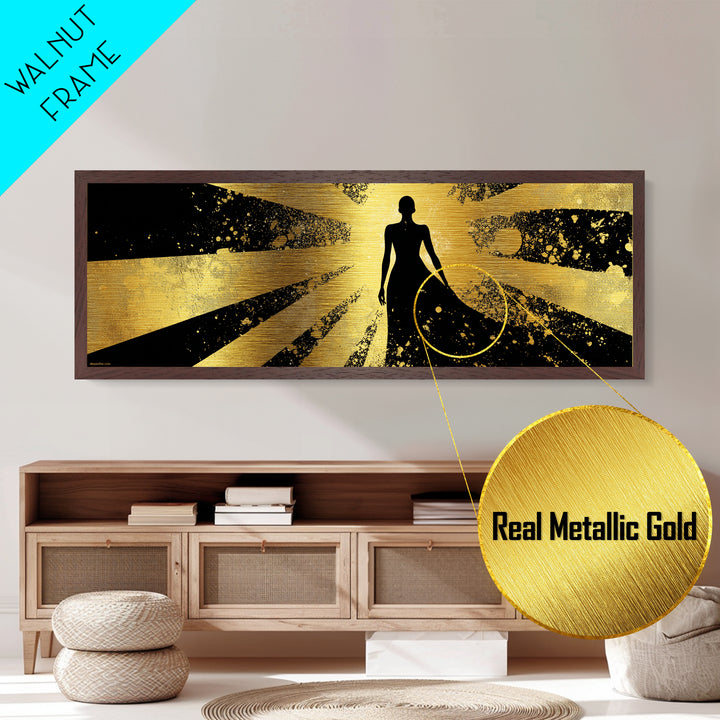 Divine Goddess Silhouette, Radiant Light Rays Wall Decor, Metallic Gold Metal Print, Luxury Mythology Art, Real Wood Frame