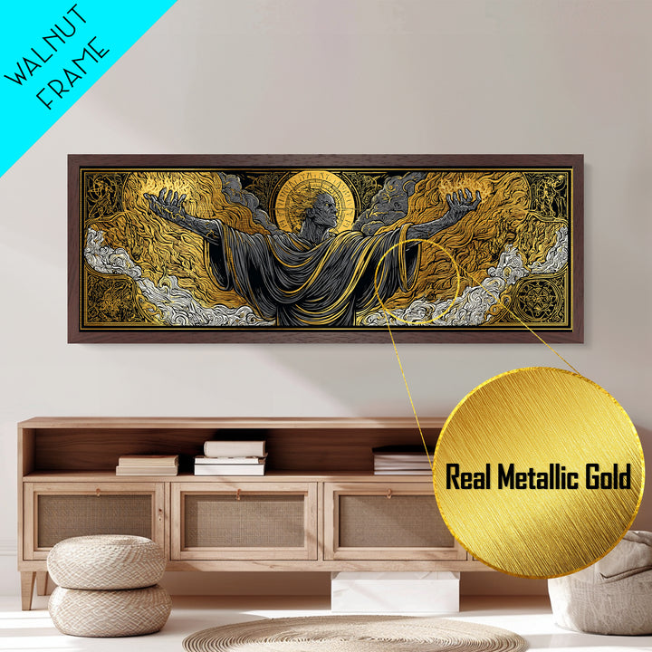 Ancient Titan With Flames, Mythology God Wall Art, Metallic Gold Metal Print, Dramatic Greek Decor, Real Wood Frame