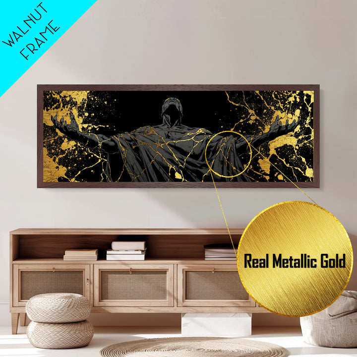 Broken God Kintsugi Style, Abstract Mythology Figure, Metallic Gold Metal Print, Elegant Modern Wall Art, Real Wood Frame