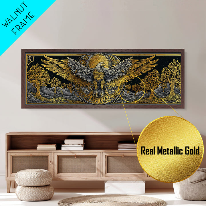 Eagle With Outstretched Wings, Mythology Bird Wall Decor, Metallic Gold Metal Print, Symbolic Strength Art, Real Wood Frame