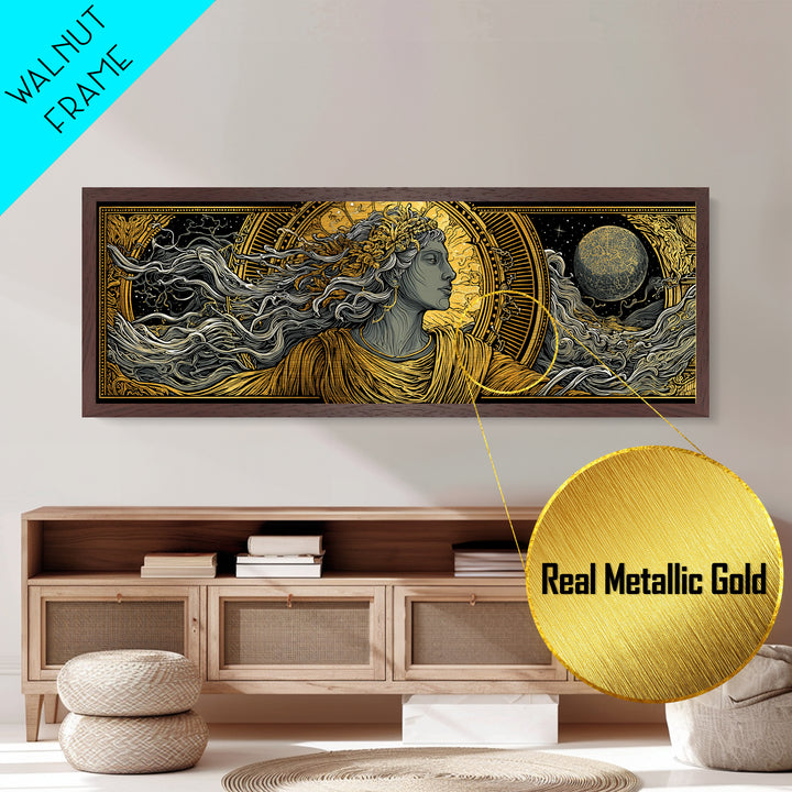 Solar Goddess With Moon, Celestial Mythology Wall Art, Metallic Gold Metal Print, Elegant Greek Inspired Decor, Real Wood Frame