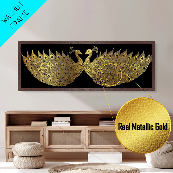 Twin Peacock Feathers, Elegant Bird Wall Decor, Metallic Gold Metal Print, Symbolic Decorative Art, Real Wood Frame