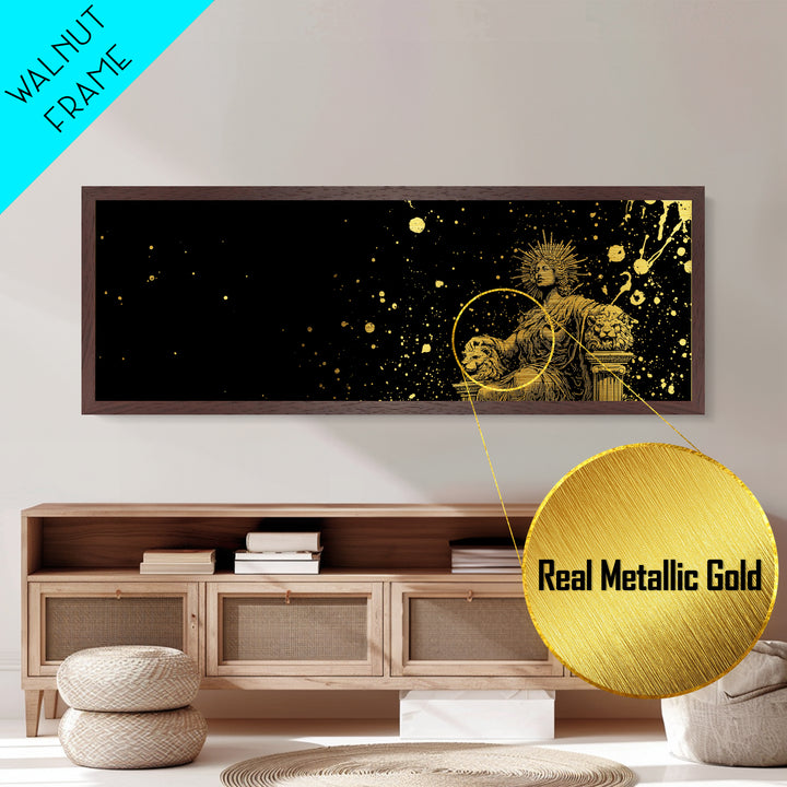 Celestial Goddess On Throne, Mythology Divine Wall Decor, Metallic Gold Metal Print, Cosmic Starry Art, Real Wood Frame