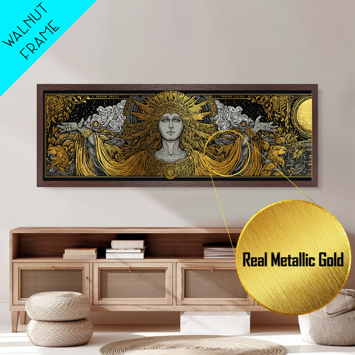 Hera Goddess Metallic Gold Metal Print, Greek Mythology Wall Art, Regal Woman Illustration, Real Wood Frame, Luxury Home Decor