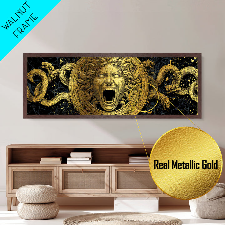 Medusa Metallic Gold Metal Print, Mythology Wall Art, Serpent Hair Gorgon Illustration, Greek Goddess Decor, Real Wood Frame, Luxury