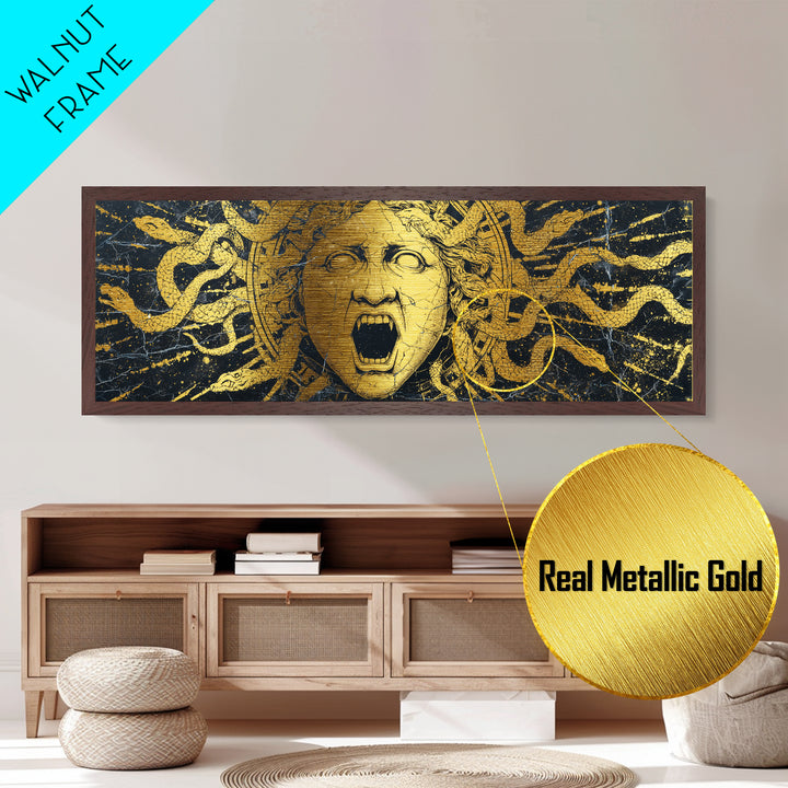 Medusa Serpent Metallic Gold Metal Print, Greek Mythology Wall Art, Gorgon Face Illustration, Real Wood Frame, Unique Statement Decor