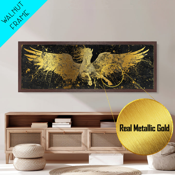 Pegasus Flying Metallic Gold Metal Print, Greek Mythology Horse Wall Art, Real Wood Frame, Luxury Decorative Artwork