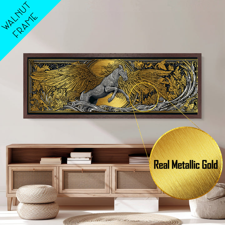 Pegasus Rising Metallic Gold Metal Print, Mythological Horse Wall Art, Real Wood Frame, Luxury Collectible Decorative Art