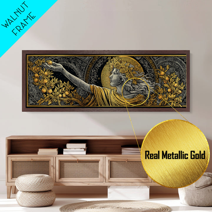 Persephone Crown Metallic Gold Metal Print, Mythology Goddess Wall Art, Real Wood Frame, Luxury Decorative Artwork