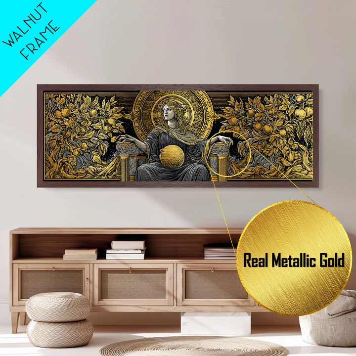 Persephone Throne Metallic Gold Metal Print, Goddess Of Spring Wall Art, Real Wood Frame, Mythology Artwork For Decor