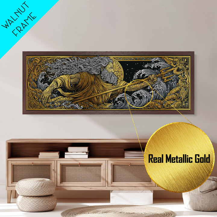 Poseidon Wields Metallic Gold Metal Print, Sea God Wall Art, Real Wood Frame, Mythological Ocean Artwork For Home Decor