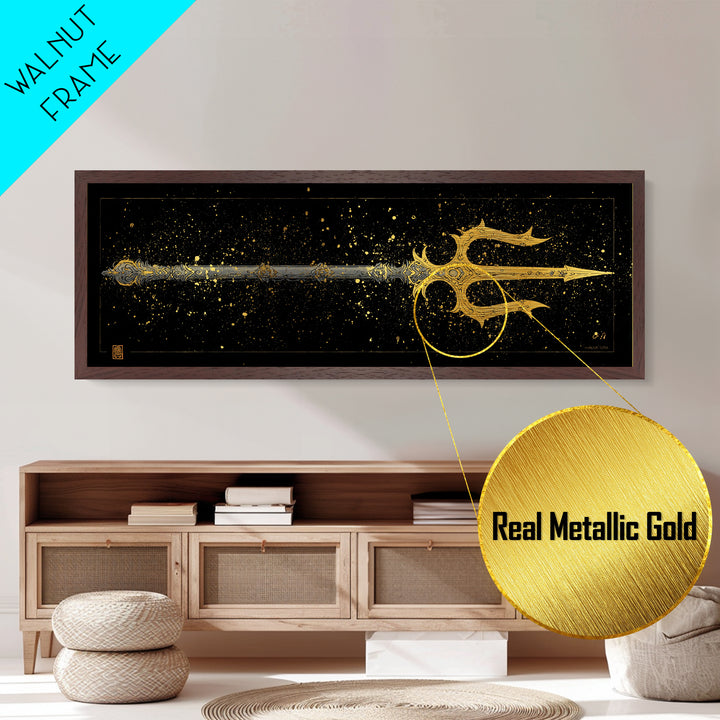 Poseidon Trident Metallic Gold Metal Print, Mythology Wall Art, Real Wood Frame, Sea God Artwork For Home Or Office Decor