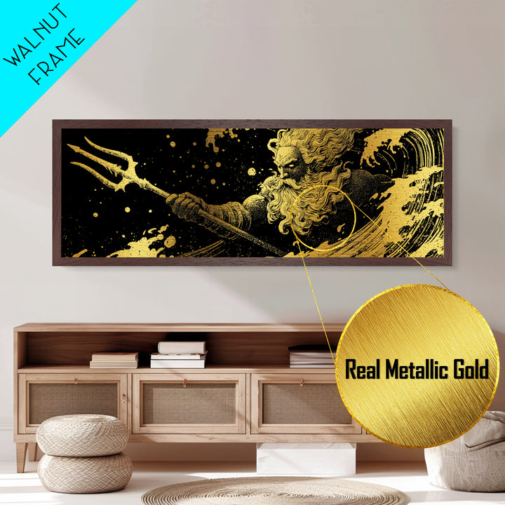 Poseidon Waves Metallic Gold Metal Print, Mythological Sea God Wall Art, Real Wood Frame, Luxury Decorative Greek Artwork
