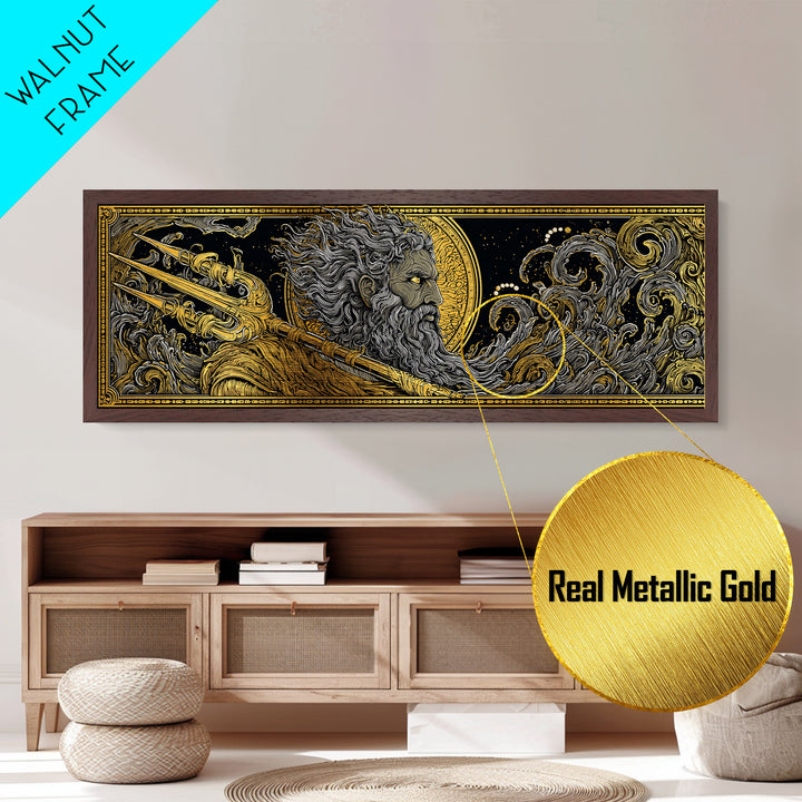 Poseidon With Trident Metallic Gold Metal Print, Greek Mythology Wall Art, Real Wood Framed Metal Artwork, Luxury Home Decor