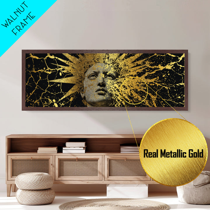 Prometheus Sunburst Bust Metallic Gold Metal Print, Greek Statue Inspired Wall Art, Real Wood Frame, Elegant Mythology Artwork