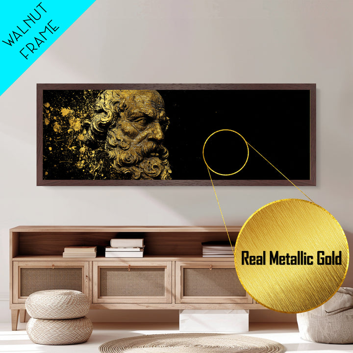 Socrates Bust Metallic Gold Art, Greek Philosopher Metal Print, Classical Statue Inspired Artwork, Real Wood Frame Wall Decor