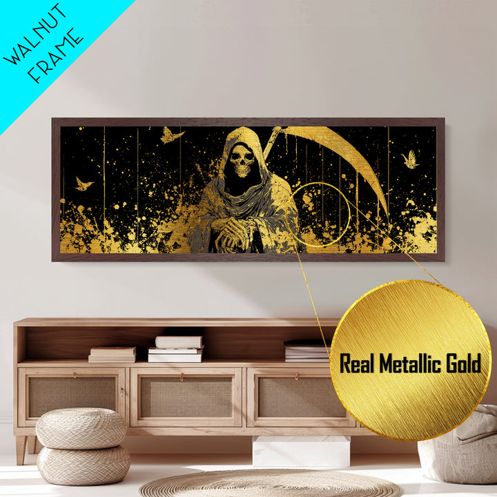 Thanatos Grim Reaper Metallic Gold Metal Print, Mythology Inspired Wall Art, Real Wood Framed Metal Artwork, Gothic Home Decor