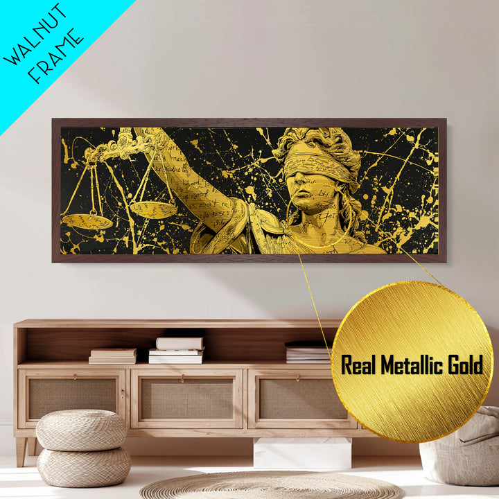 Themis Blind Justice Metallic Gold Art, Greek Goddess Wall Print, Real Wood Frame Metal Print, Law And Justice Statue Artwork