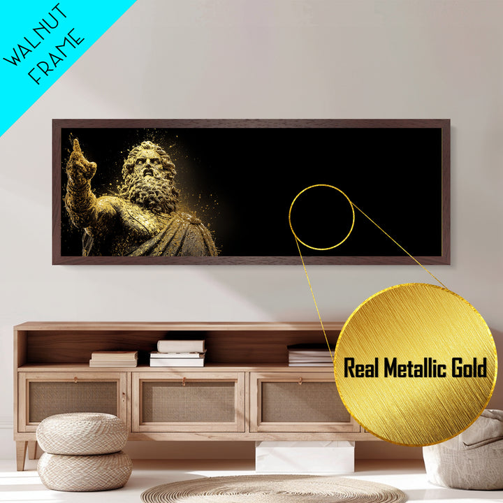 Zeus Statue Metallic Gold Metal Print, Greek God Wall Art, Lightning King Decor, Real Wood Frame Mythology Inspired Artwork