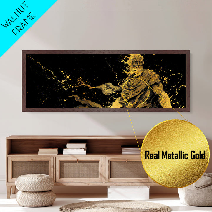 Zeus With Lightning Metallic Gold Art, Greek Mythology Metal Print, Real Wood Frame Decor, Dramatic Wall Artwork For Home