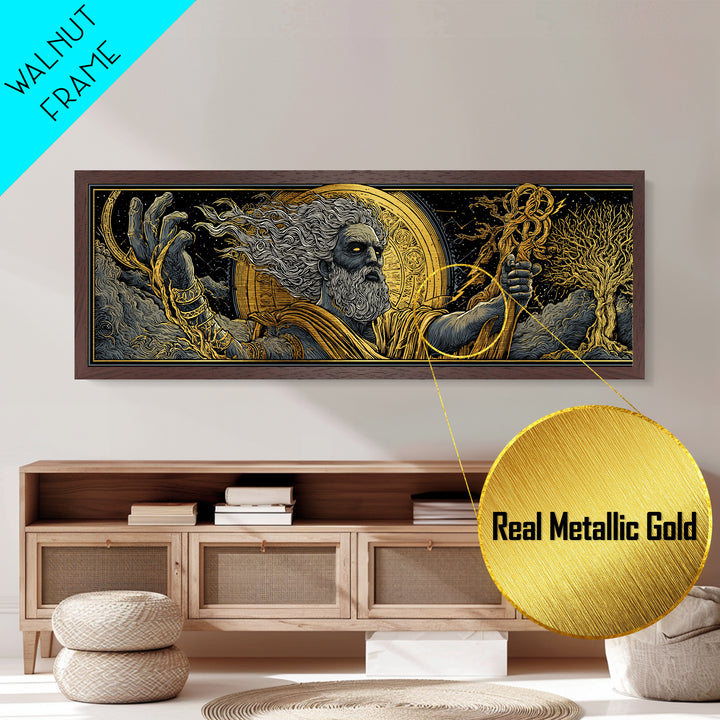 Zeus With Staff Metallic Gold Metal Print, Greek God Wall Art, Regal Mythology Decor, Real Wood Frame Luxury Artwork