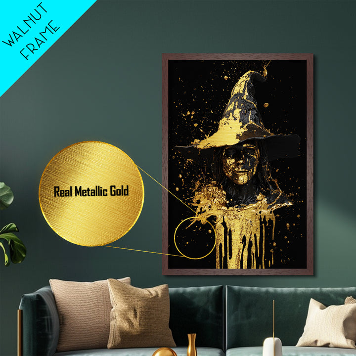 Witch Bust with Dripping Hat in Metallic Gold Art, Spooky Halloween Metal Art with Real Wood Frame, Gothic Witch Wall Decor