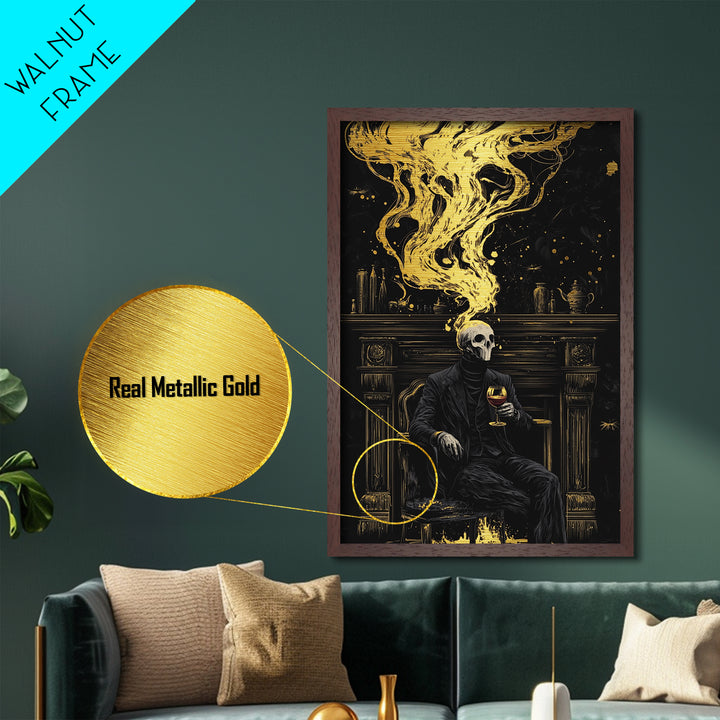 Skull Gentleman Metallic Gold Art, Haunted Gothic Horror Metal Art With Natural Wood Frame, Spooky Halloween Macabre Wall Art