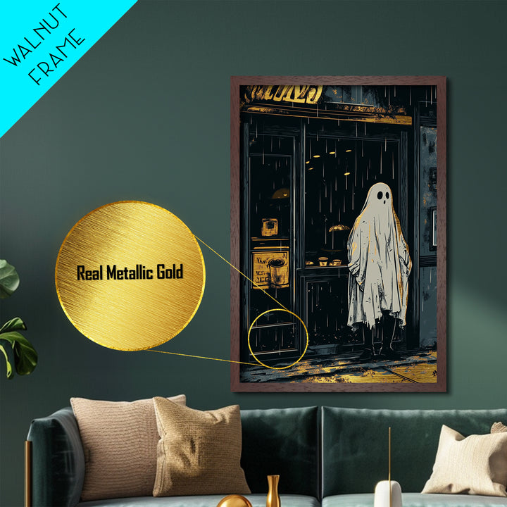 Haunted Ghost in the Rain Metallic Gold Art Metal Art Spooky Season Wall Decor Framed in Natural Wood Gothic Halloween Print