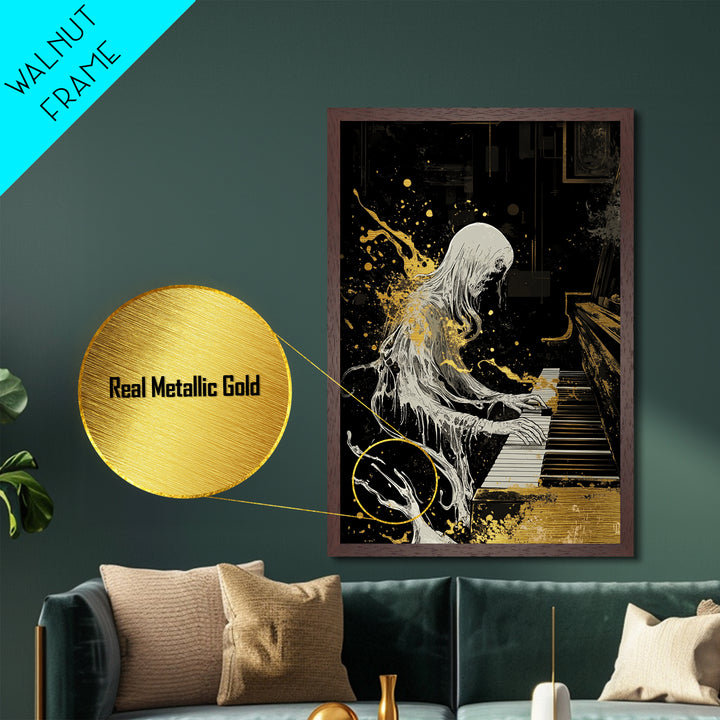 Gothic Spirit Playing Piano Metallic Gold Art Metal Art Horror Inspired Halloween Wall Decor with Real Wood Frame Creepy Gift