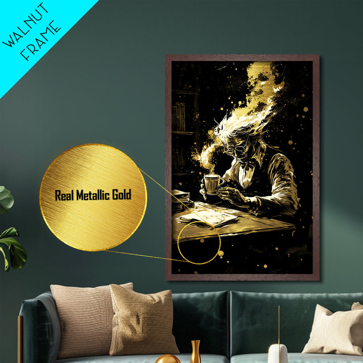 Dark Academia Coffee Skeleton Metallic Gold Art Metal Art Haunted Gothic Wall Decor Framed in Solid Wood Spooky Season Artwork