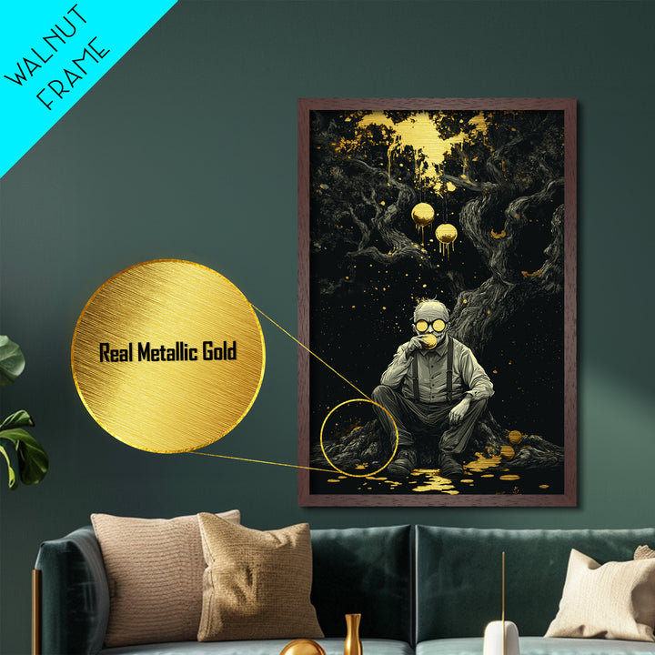 Creepy Orange Grove Metallic Gold Art Metal Art Gothic Halloween Wall Art with Natural Wood Frame Spooky Haunted Forest Print