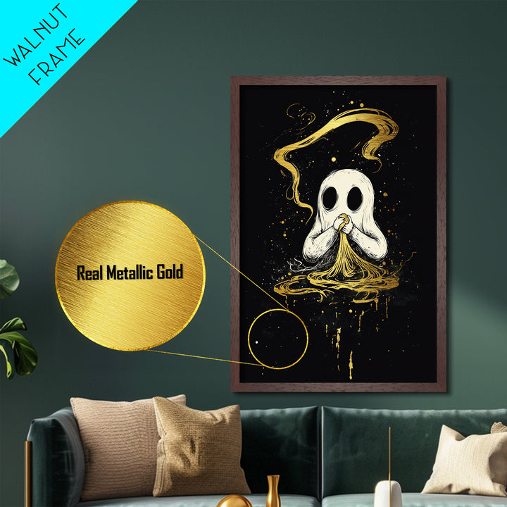 Ghost Eating Pasta Metallic Gold Art Metal Art Spooky Cute Halloween Wall Decor Framed in Real Wood Haunted Kitchen Wall Print