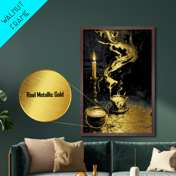 Witchy Candle and Coffee Metallic Gold Art Metal Art Haunted Gothic Wall Art in Real Wood Frame Spooky Season Halloween Decor