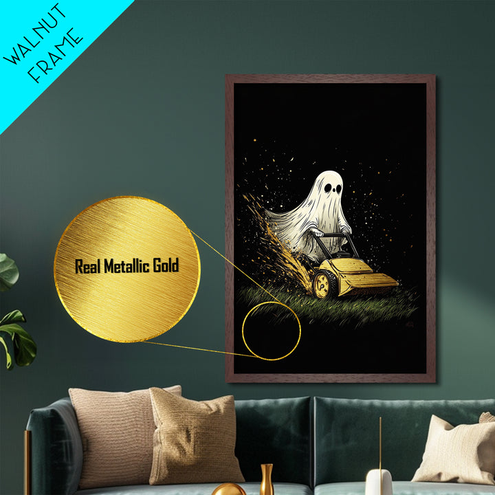 Ghost Mowing the Lawn Metallic Gold Art Metal Art Creepy Cute Halloween Wall Hanging Framed with Natural Wood Spooky Home Print