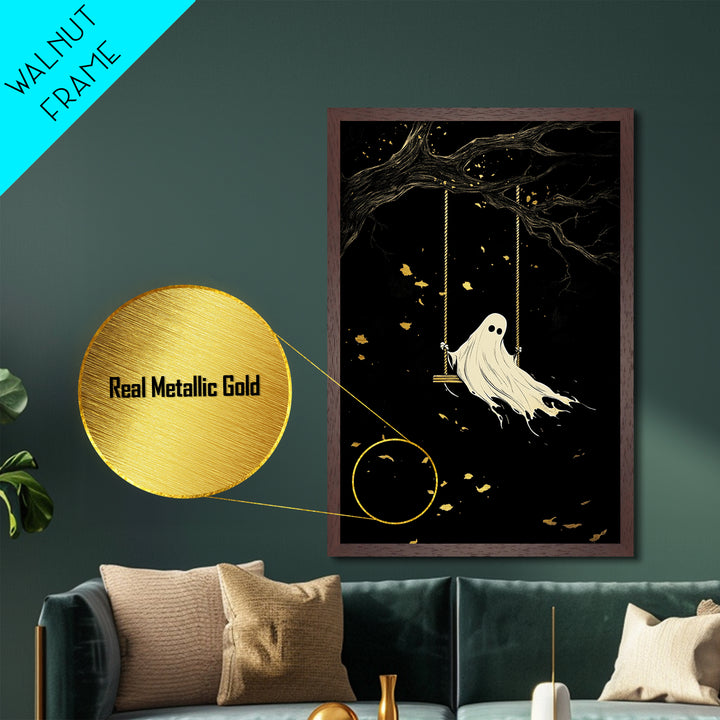 Lonely Ghost on Swing Metallic Gold Art Metal Art Spooky Haunted Wall Decor in Natural Wood Frame Gothic Halloween Season Print