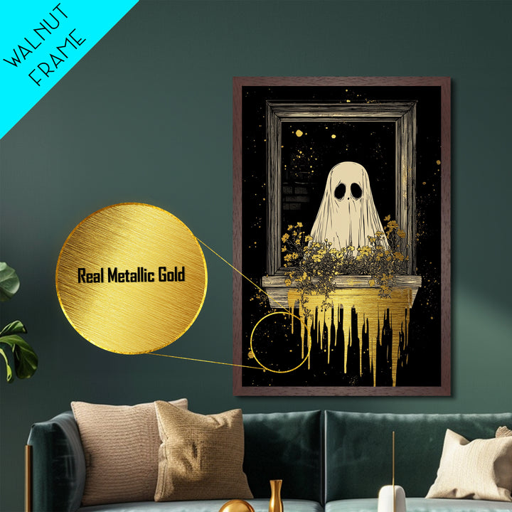 Ghost In Window With Flowers, Metallic Gold Art, Spooky Season Metal Art, Creepy Haunted Wall Print Framed in Natural Wood