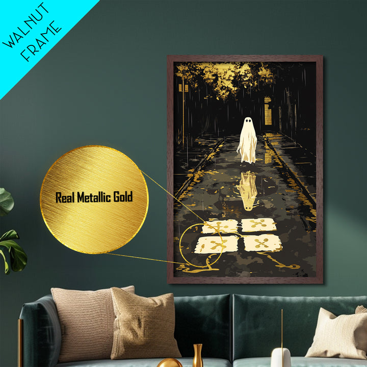 Spooky Ghost Reflection Metallic Gold Art, Haunted Night Metal Art, Halloween Wall Print, Autumn Season Décor in Wood Frame